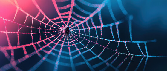 Close-up view of a spider web with morning dew, illuminated by blue and pink lighting, showcasing intricate details and ethereal beauty.