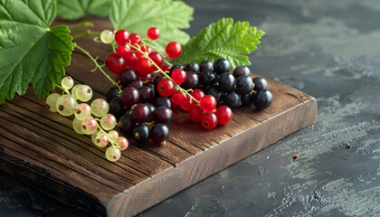 Wall Mural - Wooden board with different fresh ripe currants and green leaf, closeup