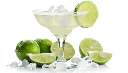 Wall Mural - Delicious Margarita cocktail with ice cubes in glass, salt and lime isolated on white