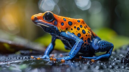 Colorful poison dart frog on rainforest floor,