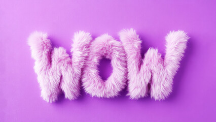 the word 'wow' is crafted from soft, fluffy purple letters on a matching purple background, evoking 