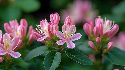 Wall Mural - Beautiful pink flowers blooming amidst green foliage.