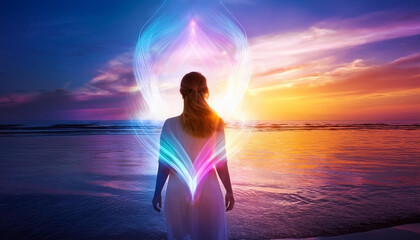 Spiritual woman person glow on water with colorful aura and energy.