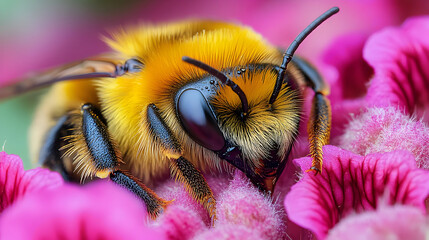 Poster - Close-up of a bee on vibrant pink flowers.