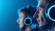 © Nene - Excited Gamer Wearing Headset Engaged in Competitive eSports Event, Focused Team Members Immersed in Online Multiplayer Gaming, Vibrant and Intense Gaming Environment, Teamwork and Strategy in Action