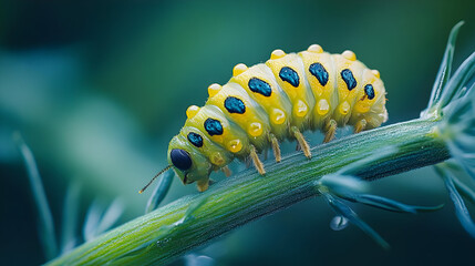 Poster - Close-up of a vibrant yellow caterpillar on a green stem.