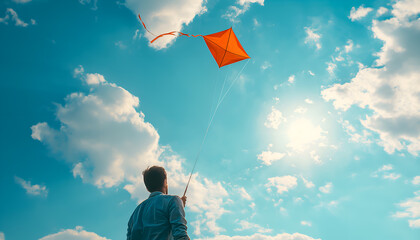 man flying kite with blue sky in background