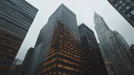 Sticker - Low angle view of tall modern buildings in a city with glass and steel construction.