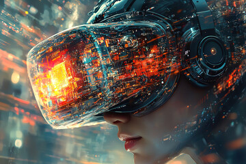 Wall Mural - Dive into the world of AI with this stunning image of a virtual reality headset. Experience the endless possibilities of a world where technology and humanity converge in this captivating picture