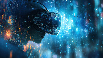 Wall Mural - Dive into the world of AI with this stunning image of a virtual reality headset. Experience the endless possibilities of a world where technology and humanity converge in this captivating picture