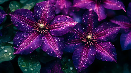 Wall Mural - Close-up of vibrant purple flowers with water droplets.