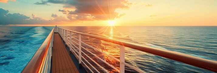 Wall Mural - cruise vacation. sunset over the sea on summer cruise with ship railing