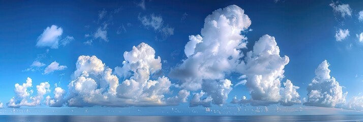 Wall Mural - Cumulus Clouds in Blue Sky. Panoramic View of Cloud Formation Above the Beautiful Sea