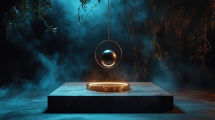 Wall Mural - Mystical pendulum on a chain swings over a magic table. gold neon tones