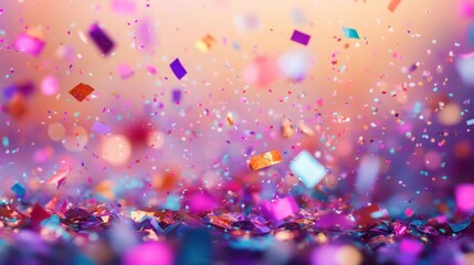 A pile of multicolored confetti, Vibrant confetti pieces falling against a blurred, colorful background.