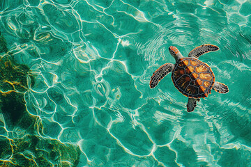 looking from top into a bright clear turqoise water surface with pool like ripples and with a small young coral red colored turtle swimming in the water