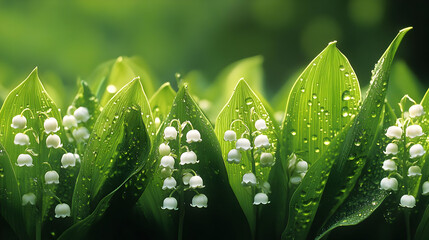 Poster - Dew-kissed lily of the valley flowers on vibrant green leaves.