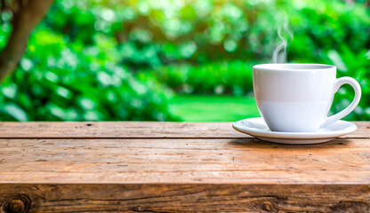 A white coffee cup sits on a rustic wooden table, with a blurred green garden in the background, creating a peaceful, serene outdoor setting.