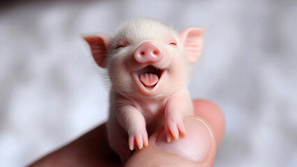 Tiny Delight: Laughing Baby Piggy on a Finger