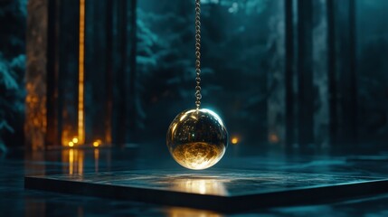 Wall Mural - Mystical pendulum on a chain swings over a magic table. gold neon tones