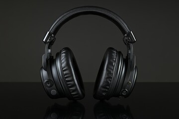 Poster - Modern black headphones on a dark textured backdrop highlighting the sleek design and advanced audio technology