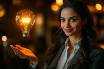 Canvas Print - Smiling woman holding illuminated light bulbs capturing a moment of inspiration and bright ideas in a warm inviting atmosphere