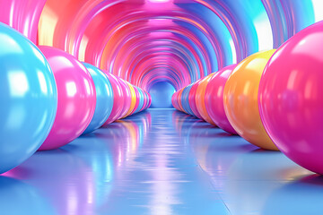 Wall Mural - 3d rendering of a colorful shiny tunnel lined with balls