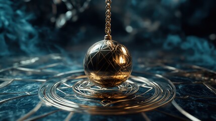 Wall Mural - Mystical pendulum on a chain swings over a magic table. gold neon tones