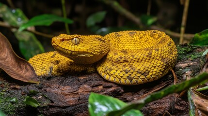 A yellow viper snake curled up on a tree branch, its scales catching the light.