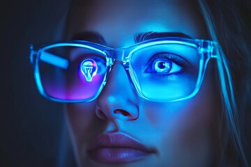 Wall Mural - young woman with vibrant neon glasses reflecting a light bulb merging technology and creative thinki