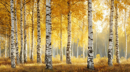 Wall Mural - Serene birch forest in autumn with golden leaves and soft light.