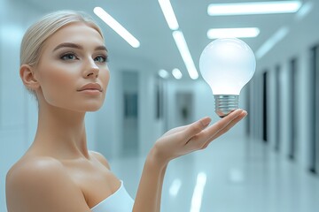 Wall Mural - elegant woman with a transparent light bulb symbolizing clarity and innovative thinking in a high te