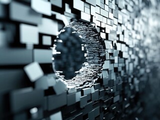 Wall Mural - A 3D search engine icon breaking through a wall of data, symbolizing the power of search engines to reveal hidden information