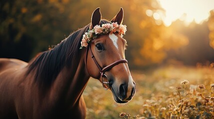 Portrait of sportive horse with beautiful flower wreath. A delicate horse portrayed with charming expansive scale focuses of intrigued. Creative resource.