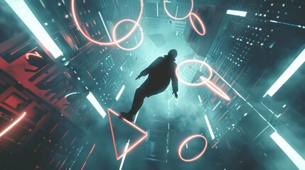 A futuristic scene featuring a silhouette in a neon-lit environment, surrounded by vibrant geometric shapes and glowing elements.