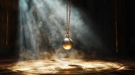 Wall Mural - Mystical pendulum on a chain swings over a magic table. gold tones