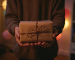 Poster - A gift wrapped in brown paper and tied with string. AI.