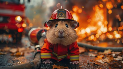 Poster - A hamster dressed as a firefighter with a hose. AI.