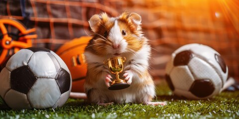 Sticker - A small animal holding a trophy surrounded by soccer balls. AI.