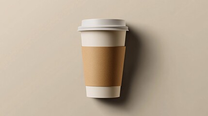 mockup of a blank paper coffee cup with a cardboard sleeve, in a flat lay style, top view. The cup is positioned on an isolated, neutral background, with the sleeve ready for a custom logo or