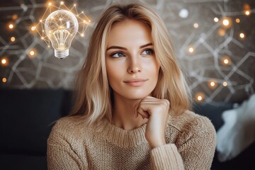 Canvas Print - Young woman with glowing light bulb reflecting on her ideas symbolizing personal enlightenment and the pursuit of innovative solutions