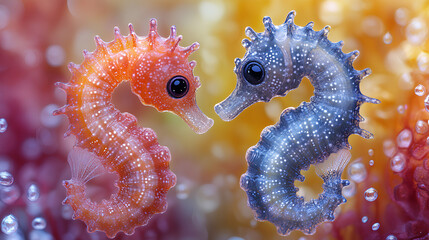 Poster - illustration of two cute baby seahorses on coral background