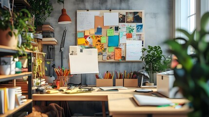 Creative workspace with DIY projects, inspiration wall, natural daylight, artistic style, colorful supplies, imaginative and inspiring atmosphere, relaxed mood