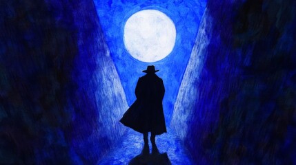 Shadowy Figure in Gothic Alley - Moonlit Silhouette Watercolor Illustration