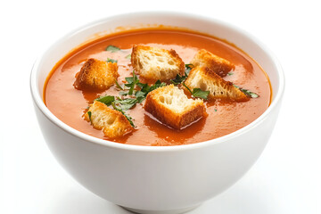 Canvas Print - A bowl of tomato soup topped with croutons and herbs, served for a meal.