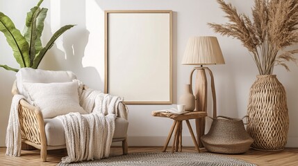 Vertical mockup frame set on a stylish modern side table, beside a cozy armchair with a knit throw draped over the back. The frame has a natural wood border, and the interior features soft, warm