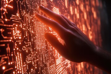 Poster - Hand reaching out to glowing circuit board. Perfect for tech, innovation, and futuristic concepts.