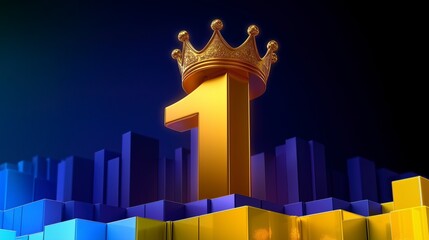 Gold Number 1 with Crown for Champion or Winner, Golden King Crown Award on Success Background Illustrating Victory, Excellence, and Leadership - 3D Rendering