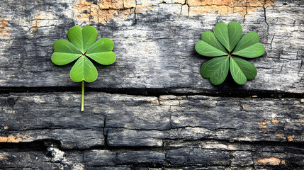 two green clover leaves on a textured wooden surface.