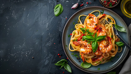 Canvas Print - Top view tasty homemade italian prawn and shrimp linguine pasta dish on a plate